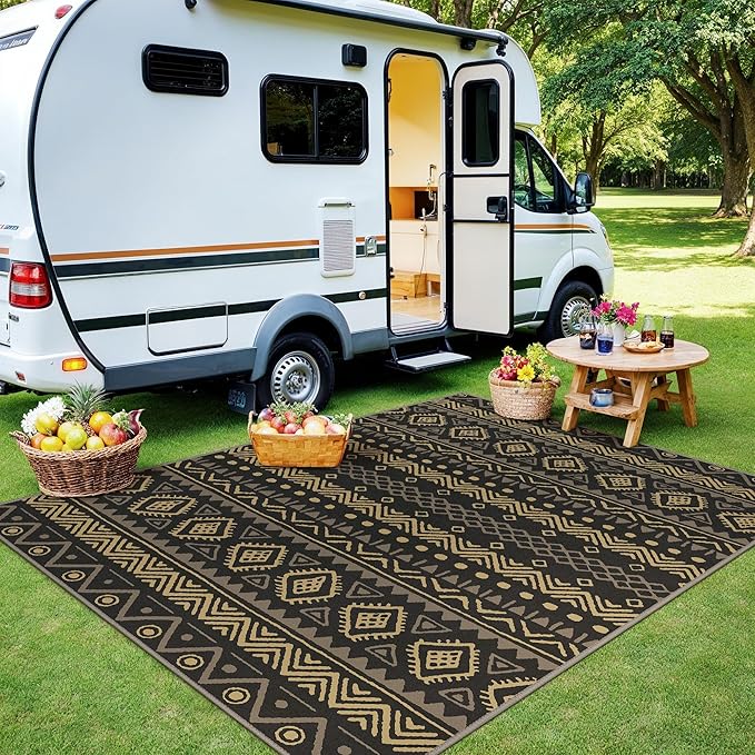 GENIMO Outdoor Rug for Patio Clearance, 5'x7' Reversible Plastic Straw Rugs, Lightweight Waterproof RV Camping Mat for Camper, Balcony, Deck, Backyard, Picnic, BlackBrown