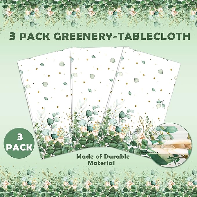 Sage Green Eucalyptus Leaf Tablecloth for Baby Shower Party Decoration Disposable Plastic Sage Greenery Tablecloth Table Cover Boho Woodland Neutral Baby Shower Wedding Party 54 x 108IN (3, Greenery)