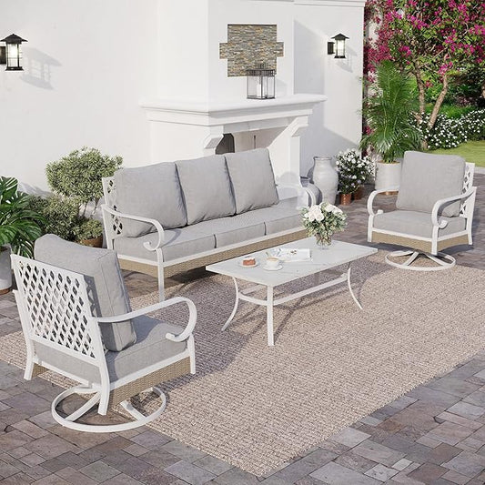 4 PCS Metal Outdoor Patio Furniture Set, Patio Conversation Sets 1 3-Seater Sofa, 2 Swivel Chairs with 5.75" Extra Thick Cushion and Coffee Table, White Frame Backyard Furniture, Gray