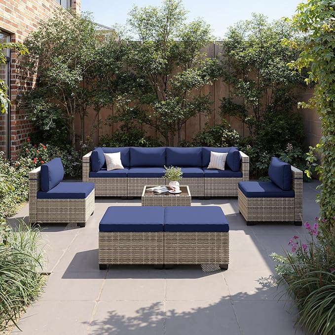 9-Piece Patio Furniture Set, Outdoor Sectional with Ottomans, Modular Patio Sofa, Dual-Strand Wicker Rattan, Rust-Resistant Frame, Backyard Furniture for Garden, Deck, Navy Blue