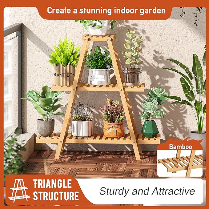 Plant Stand Indoor Plant Shelf Outdoor bamboo Plant Rack, 3 Tiers Ladder Plant Holder Flower Stand for Living Room Balcony Garden Patio,Living Room Boho Home Decor for Gardening Gifts (Natural)