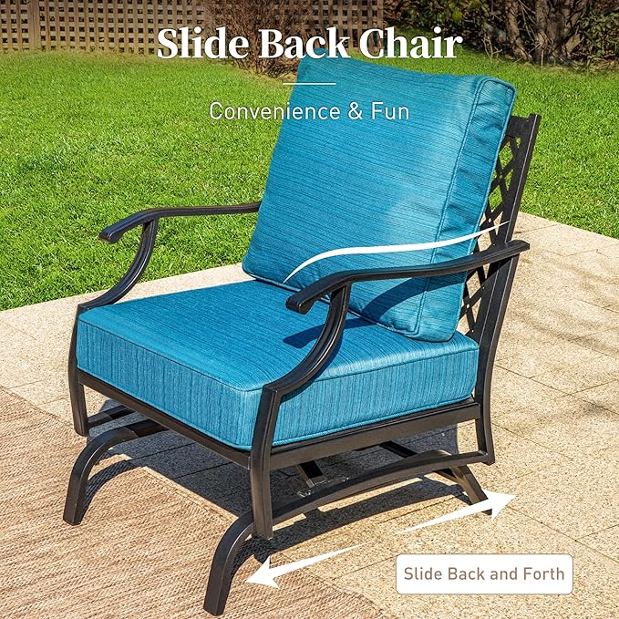 7 Piece Metal Outdoor Patio Furniture Sets, Patio Conversation Sets 3-Seater Sofa, 2 Rocking Chair, 2 Ottomans with 5.75" Thick Cushion, All-Weather Frame Backyard Furniture, Blue-2