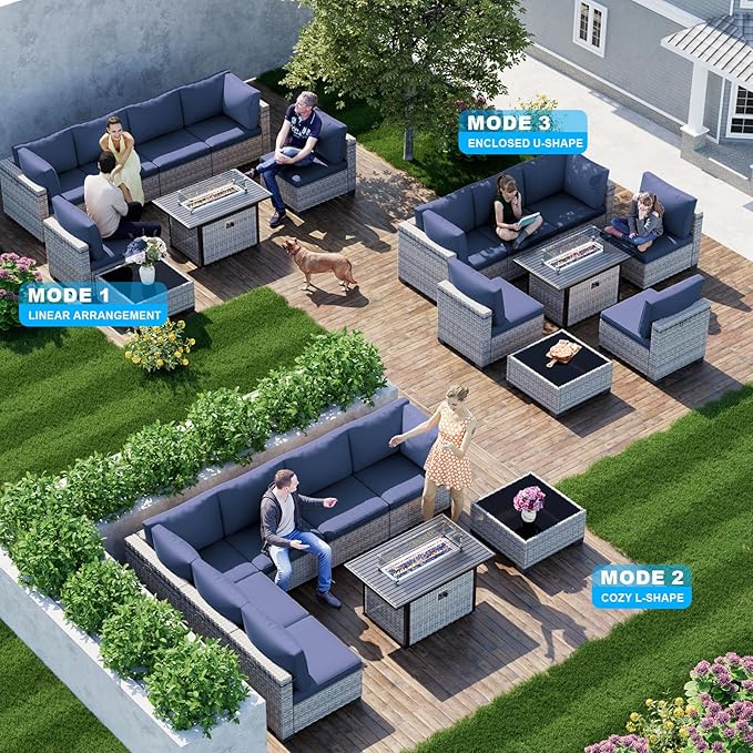 8-Piece Modern Patio Furniture Set with 55,000 BTU Fire Pit Table, Thick Cushions, Dual-Strand Wicker Rattan, Rust-Resistant Frame, Navy Blue