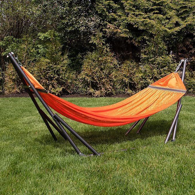 Best Home Fashion Hammock for 2 Persons with Collapsible Steel Stand 600 lbs Capacity- Portable Carrying Case, Adjustable, Perfect for Camping Beach Patio, EZ Daze Foldable Hammock with Stand- Orange