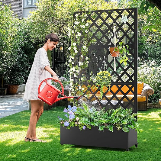 Metal Planter Box with Trellis, Raised Garder Bed with Drainage Hole, Privacy Screen & Trellis for Climbing Plants, Outdoor Plant Stands, 35''L×17''W×73''H, Black