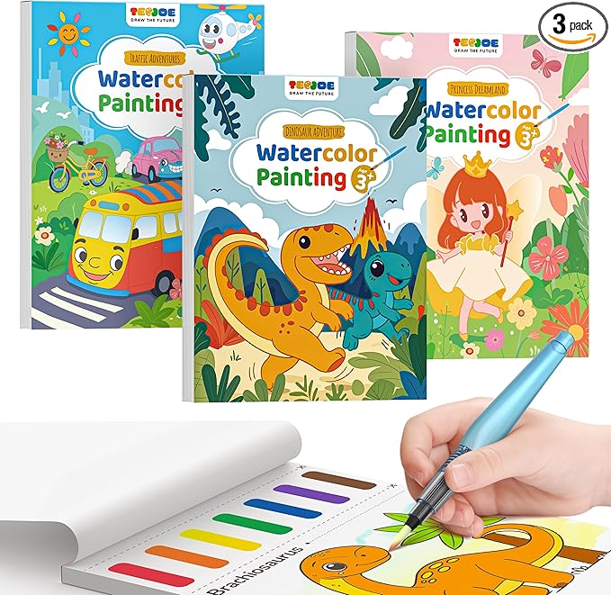 TECJOE 3 Pack Paint with Water Coloring Books for Toddlers, Watercolor Paint Set with 6 Brushes, Mess Free Painting for Kids Ages 4-8, Birthday Gifts Arts & Crafts Toy - Traffic, Princess, Dinosaur
