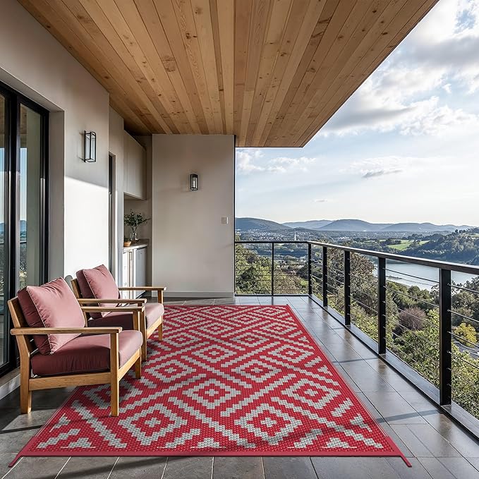 GENIMO Outdoor Rug for Patio Clearance, 6'x9' Reversible Plastic Straw Rugs, Lightweight Waterproof RV Camping Mat for Camper, Balcony, Deck, Backyard, Picnic, Red Grey