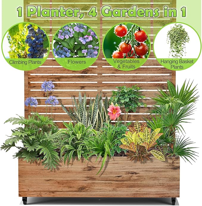 15.7"×70.9"×47.2" Metal Raised Garden Bed with Trellis and Wheels - Tall Trellis Planter Box for Climbing Plants, Vegetables & Vines - Outdoor Privacy Planters for Patio (Natural Wood Grain)