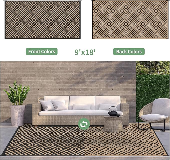 GENIMO Outdoor Rug for Patio Clearance, 9'x18' Waterproof Camping Mat, Reversible Plastic Straw Rugs for RV, Camper, Balcony, Backyard, Picnic, Deck (Black & Brown)