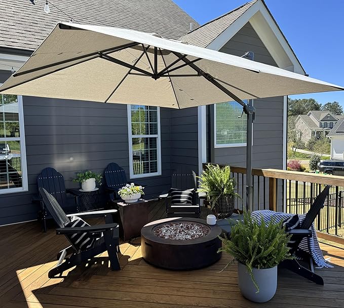 PURPLE LEAF 10 FT Outdoor Umbrella with Base Patio Cantilever Aluminum Umbrella with 3 Years Fade Resistance Recycled Fabric Offset Square with 360-degree Rotation for Deck Pool Garden, Pebble Grey