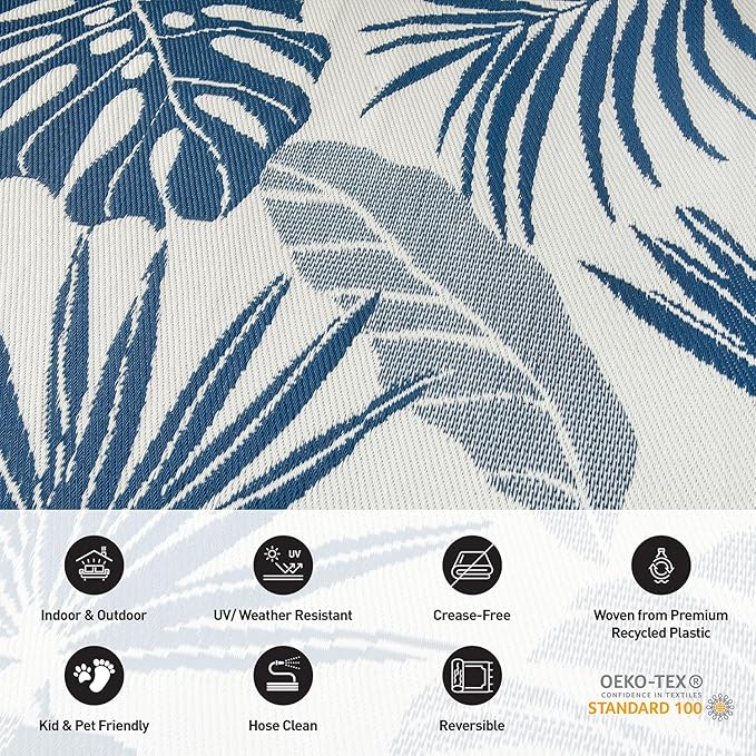 Rugshop Tropical Floral Leaf Reversible Crease-Free Waterproof Premium Recycled Plastic Outdoor Rugs for Patio,Backyard,RV,Deck,Picnic,Trailer,Beach,Camping,Sunroom Navy/Blue 7'10" x 10'