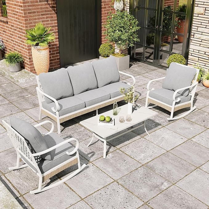 4 Piece Patio Furniture Set, 2 x Rocking Chair, 1 x 3-Seat Sofa with Marbling Coffee Table, 5 Seats Outdoor Conversation Set for Lawn Garden Backyard, Light Gray