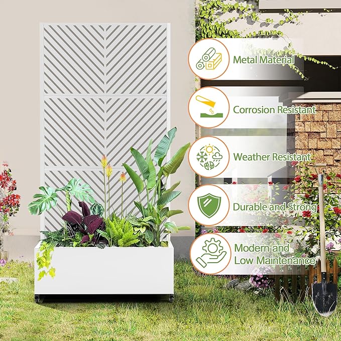 Raised Garden Bed with Trellis and Wheels,73"x35"x16" Metal Raised Garden Bed,White Parallel Metal Planter with Climbing Trellis for Vines & Vegetables