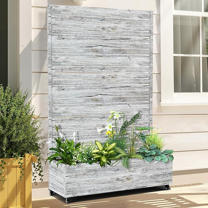 Raised Garden Bed with Trellis and Wheels,73"x47"x16" Metal Raised Garden Bed,White Wood Finish Metal Planter with Climbing Trellis for Vines & Vegetables