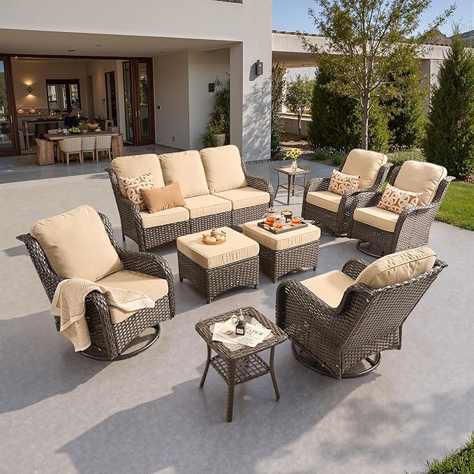 ovios 9 Pieces Patio Furniture Set, Outdoor Wicker Sofa Couch with Swivel Chairs Ottomans Comfy Cushions, All Weather High Back Modern Conversation Sets, Brown Rattan, Beige