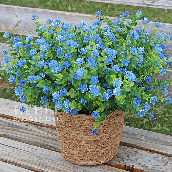 Artificial Flowers for Outdoors, 12 Bundles UV Resistant Realistic Faux Plants for Outside Porch Planter, Spring Summer Home Garden Decoration, Blue