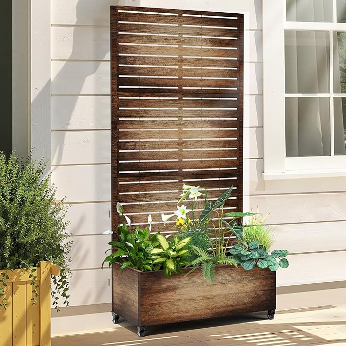 Raised Garden Bed with Trellis and Wheels,73"x35"x16" Metal Raised Garden Bed,Vintage Wood Finish Metal Planter with Climbing Trellis for Vines & Vegetables