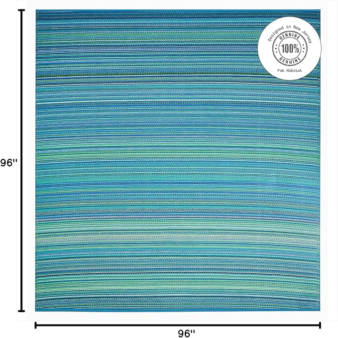 Fab Habitat Outdoor Rug - Waterproof, Fade Resistant, Crease-Free - Premium Recycled Plastic - Striped - Large Patio, Deck, Sunroom, Camping, RV - Cancun - Turquoise & Moss Green - 8 x 8 ft