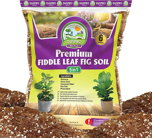 DUSPRO Recycle Fiddle Leaf Fig Soil Specialized for Fiddle Leaf Fig Plant Indoor 5-in-1 Pre-Mixed with Coco Coir, Coconut Fiber, Perlite, Pumice, Pine Bark Ready-to-Use Handmade Mix Drainage 6 QRT