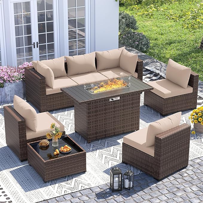 UDPATIO Outdoor Patio Furniture Set with Fire Pit Table, 8 Piece Outdoor Sectional Sofas, All-Weather Wicker Patio Conversation Set for Garden, Backyard Khaki