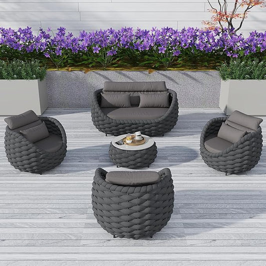 5 Pieces Patio Furniture Set, Outdoor Rope Conversation Sectional Patio Sofa with 5 Seater for Backyard, Porch, Modern Armchairs with Thickness Cushions and Side Table, Dark Grey