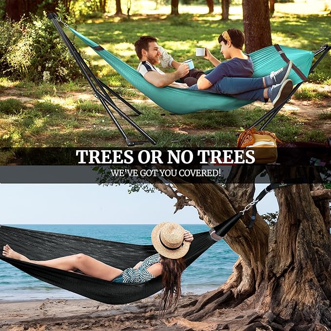 Tranquillo Combo x2 Hammocks with Stand for Outside & Tree Straps, Heavy Duty Hammock with Stand 600lbs for Indoor Outdoor Patio Backyard, x2 Hammocks for 2 Person, Portable Carrying Bags, Sky