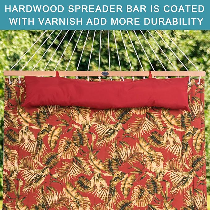 Lazy Daze Quilted Fabric Hammock with Spreader Bar, 2-Person Double Hammock for Outside Patio Poolside Backyard Beach, 450 lbs Capacity, Red Leaf