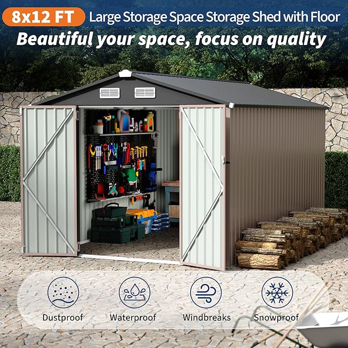 8x12 FT Metal Storage Sheds Outdoor, Metal ToolShed with Lockable Door, Metals Yard Sheds Metals Garden Shed Kit, MetalUtility Sheds Buildings with Air Vent for Backyard Garden Patio Lawn