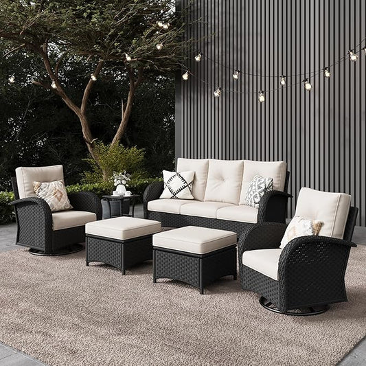 LayinSun 6 Pieces Outdoor Patio Furniture Set, Rattan Wicker Sectional Swivel Rocker Chairs Sets