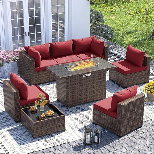 UDPATIO Outdoor Patio Furniture Set with Fire Pit Table, 8 Piece Outdoor Sectional Sofas, All-Weather Wicker Patio Conversation Set for Garden, Backyard Wine