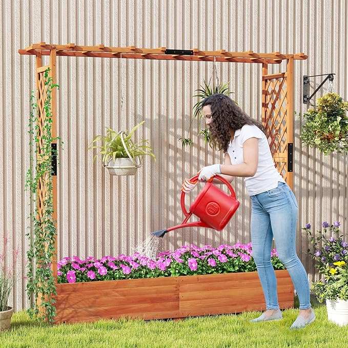 S AFSTAR 2 Pieces Raised Garden Beds with Arch Trellis, Hanging Roof & Drainage Holes, 77-Inch Vertical Plant Container for Vine Climbing Plant Flower, Outdoor Wood Elevated Planter Box for Garden
