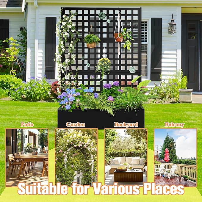 Metal Planter Box with Trellis & Wheels, Raised Garden Bed with Privacy Screen, Outdoor Standing Flower Beds with Drainage Hole for Climbing Plants, Vine, 47" Lx16 Wx71 H