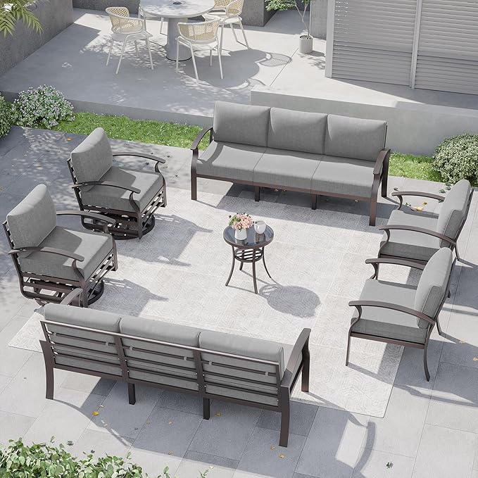 Kurapika Aluminum Patio Furniture Set 10-Seat Modern Metal Outdoor Conversation Sets w/Swivel Rocking Chairs Patio Sectional Sofa w/5.1 Inch Cushion, Grey