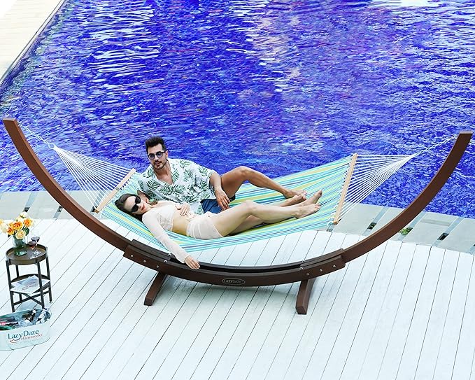 Lazy Daze Hammocks Quick Dry Hammock with Spreader Bar 2 Person Double Hammock with Chains Outdoor Outside Patio Poolside Backyard Beach 450 lbs Capacity, Blue Green Stripes