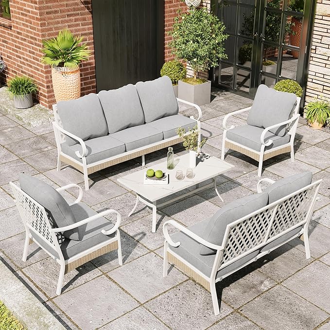 5 Piece Patio Furniture Set, 2 x Fixed Chair, 1 x 2-Seat Sofa, 1 x 3-Seat Sofa with Marbling Coffee Table, 7 Seats Outdoor Conversation Set for Lawn Garden Backyard, Light Gray