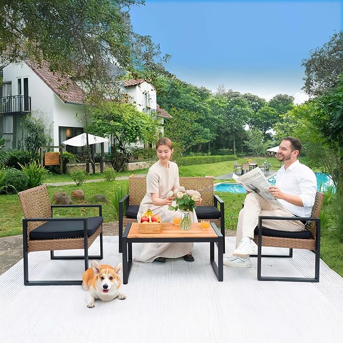 BEEFURNI Wicker Patio Furniture Outdoor Conversation Set of 4, Acacia Wood Table, 2 Rattan Chairs, 1 Loveseat, 2” Cushions, All-Weather, Easy Assembly, 1-Year Manufacturer Warranty (Brown)