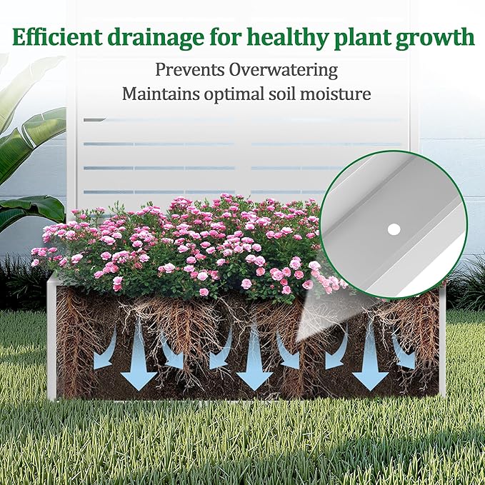 Metal Raised Garden Bed with Trellis, 2 in 1 Trellis with Planter Box & Privacy Screen for Climbing Plants, Vine, Outdoor Standing Flower Beds with Drainage Holes, 35.4"L x 15.7"W x 70.9"H, White