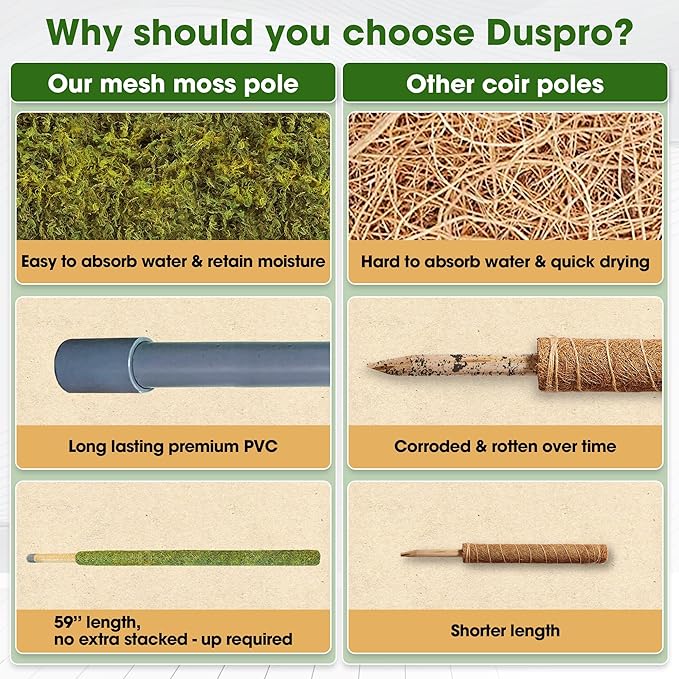 DUSPRO 59’’ Large Green Mesh Moss Pole Monstera Plant Support, Tall Plant Stakes, Moss Pole for Plants Monstera, Garden Pole, Moisture Stick for Plants (1pc., 59''), Natural