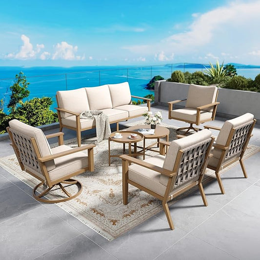 Patio Conversation Set,7 Pcs Metal Outdoor Furniture with 3-Seater Sofa,2 Swivel Chairs,2 Single Chairs,Metal Nested Table and 5.75" Extra Thick Cushion for Lawn Garden Backyard,Beige