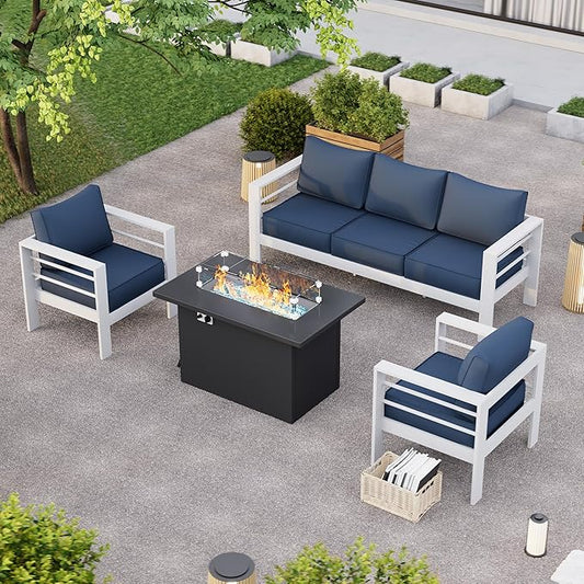 Patio Furniture Set with Fire Pit Table, Aluminum Patio Furniture Set,Blue Outdoor Metal Sectional Sofa with Aluminum Fire Pit Table for Garden Backyard (Include Waterproof Cover)