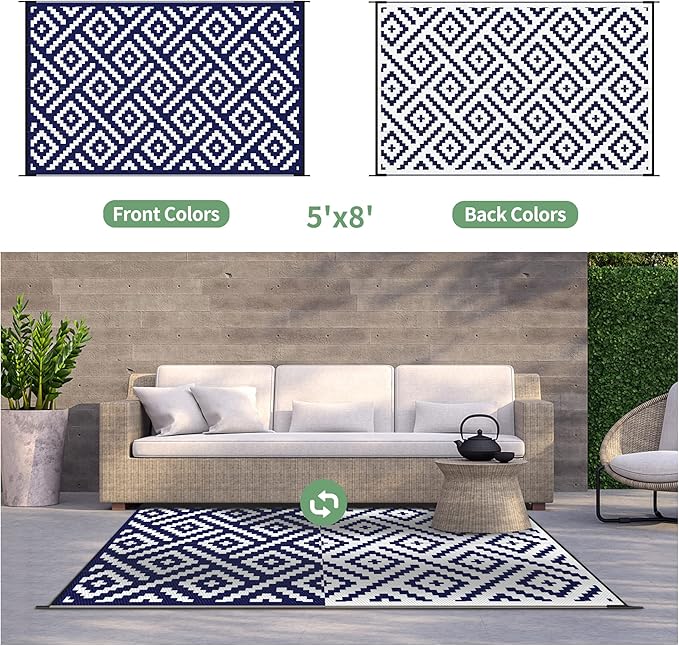 GENIMO 5x8 Outdoor Rug Waterproof, Reversible Mats, Area Rug, Plastic Outside Carpet, Geometric Rv Mat for Patio Camping Picnic Backyard Deck Balcony Porch Beach Trailer (Navy Blue & White)