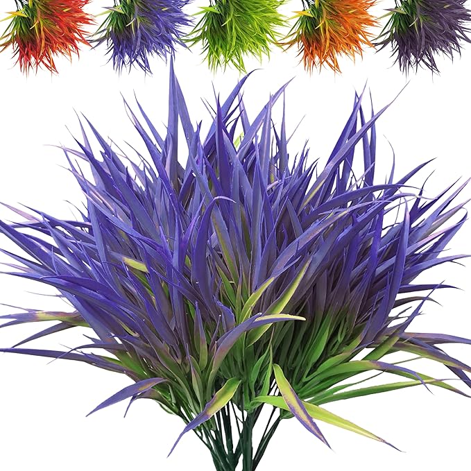 Outdoor Artificial Plants 8 Bundles Fake Plants Grass UV Resistant Fake Flowers Bush Greenery,17Inch Tall Faux Grass Shrubs for Home Porch Pathway Garden Décor Outside Indoor (Purple)