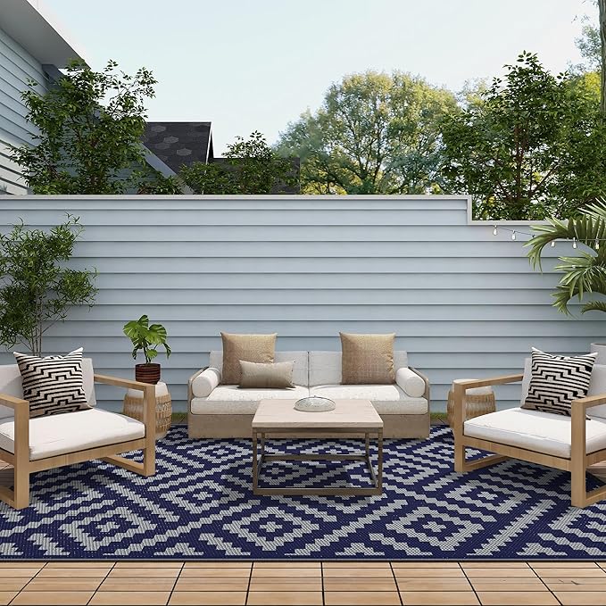 GENIMO Outdoor Rug for Patio Clearance, 5'x8' Waterproof Camping Mat, Reversible Plastic Straw Rugs for RV, Camper, Balcony, Backyard, Picnic, Deck (Blue & Grey)