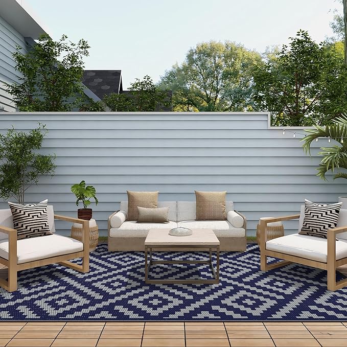 GENIMO Outdoor Rug for Patio Clearance, 9'x12' Waterproof Camping Mat, Reversible Plastic Straw Rugs for RV, Camper, Balcony, Backyard, Picnic, Deck (Blue & Grey)