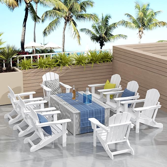 Westin Outdoors Laguna WO Outdoor Adirondack Folding Patio Chairs 8 PCS Set Retro Beach Aesthetic for Backyard, Lawn, Patio, Deck, Garden, Weather Resistant Polyethylene Plastic Lounger (White)