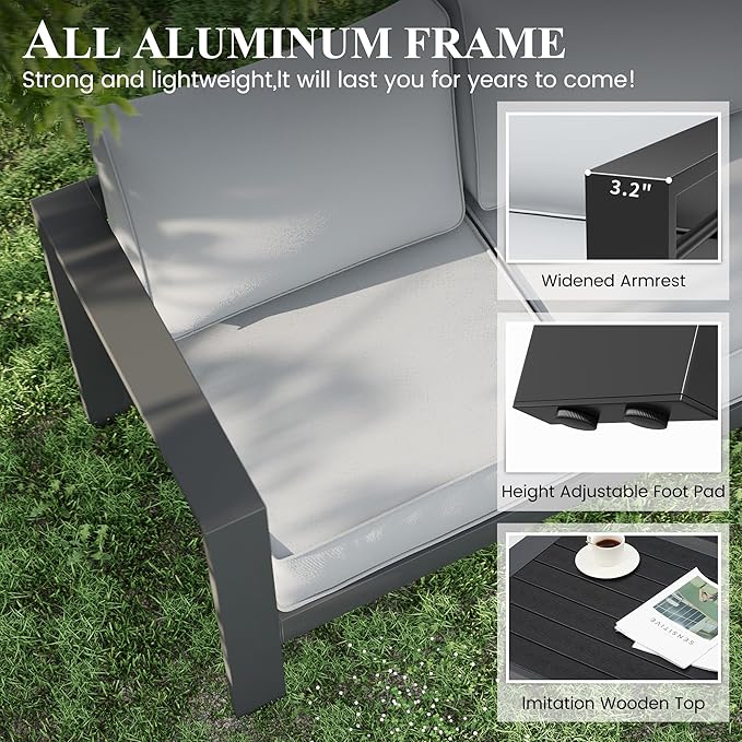 Aluminum Patio Furniture with Fire Pit Table, 5 Piece Outdoor Set, Waterproof Covers for Backyard Garden (Dark Grey & Light Grey)