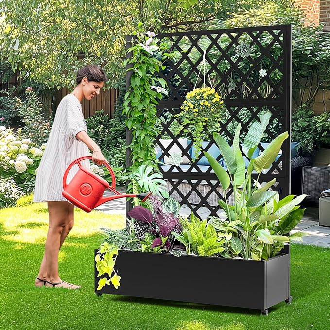 Metal Planter Box with Trellis, Raised Garder Bed with Drainage Hole, Privacy Screen & Trellis for Climbing Plants, Outdoor Plant Stands, 47''L×17''W×73''H, Black