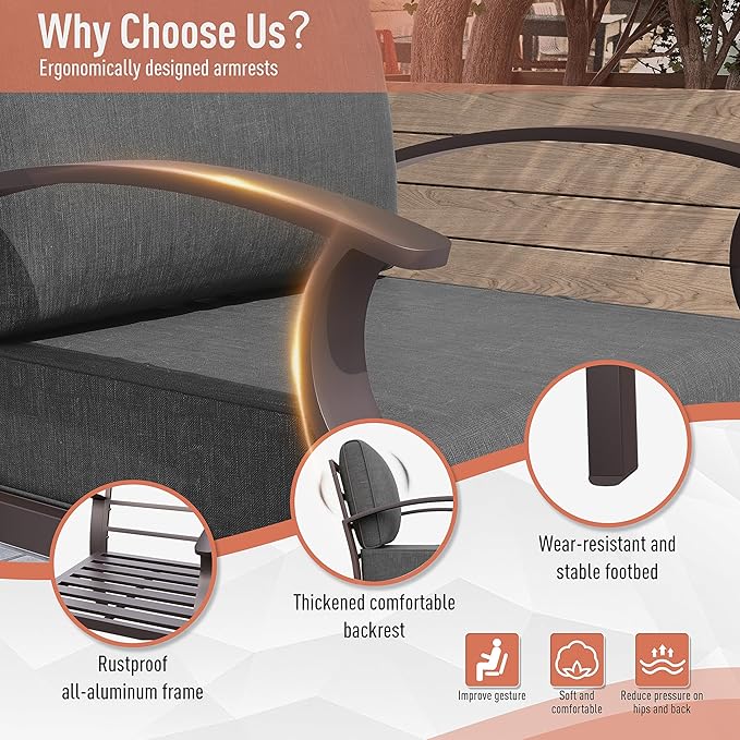 Kurapika Aluminum Patio Furniture Set 10-Seat Modern Metal Outdoor Conversation Sets w/45in Propane Fire Pit Table, Swivel Rocking Chairs Patio Sectional Sofa w/5.1 Inch Cushion, Black