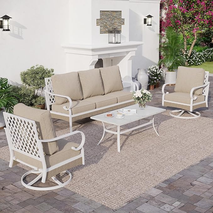 4 PCS Metal Outdoor Patio Furniture Set, Patio Conversation Sets 1 3-seater Sofa, 2 Swivel Chairs with 5.75" Extra Thick Cushion and Coffee Table, White Frame Backyard Furniture, Beige