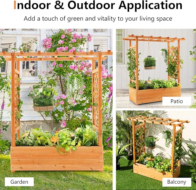 S AFSTAR Raised Garden Bed with Arch Trellis, Wood Planter Box with Hanging Roof, Side Trellis, 4 Drainage Holes, Above Ground Elevated Garden Bed for Outdoor Climbing Plants Vines Patio